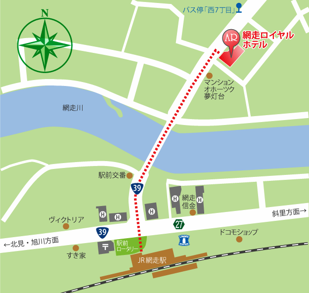 JR網走駅から網走ロイヤルホテルまでの地図